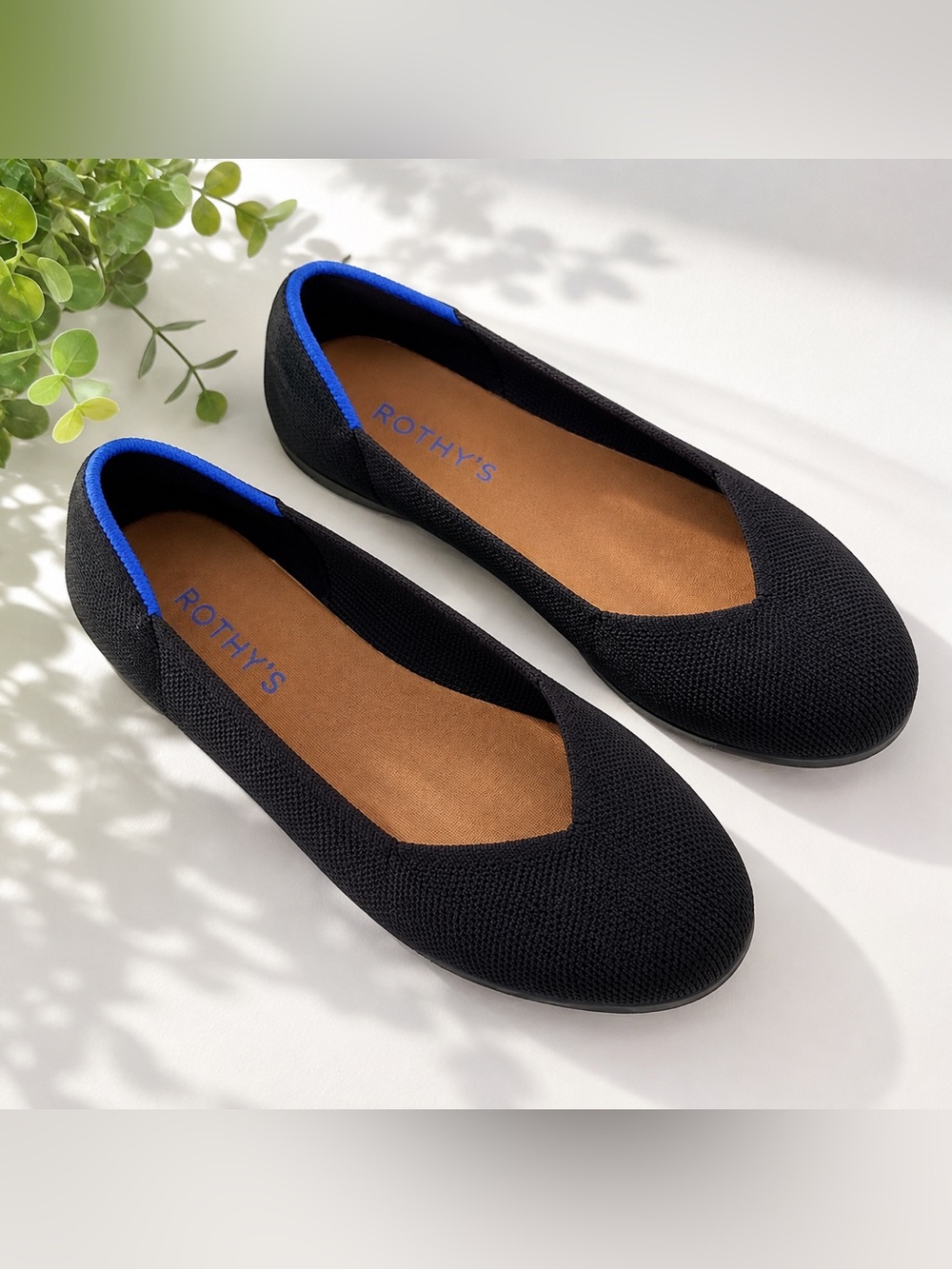 Rothy’s The Flat Black Knit Ballet Flats Blue Accent Washable